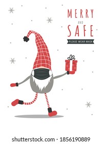 Christmas pandemic. Cute gnome in medical face mask. Postcard for Xmas 2021 during quarantine. New Year poster with quote Merry and Safe. Vector illustration in flat cartoon style.