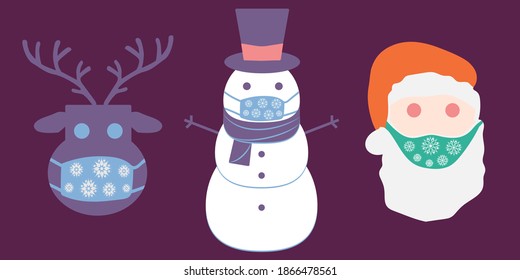 Christmas pandemic stickers vectors. Santa Claus, deer, snowman in medical protective masks
