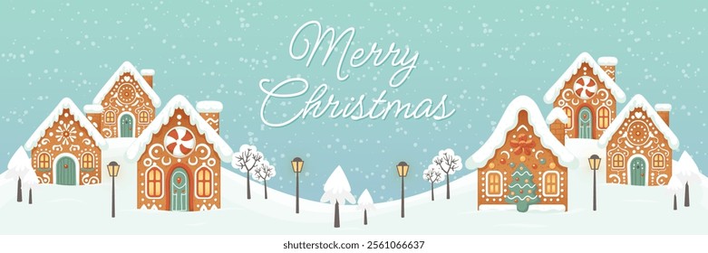 Christmas panorama background. New year greeting card template with gingerbread houses village, trees and streetlights on blue background with snowflakes. Winter landscape banner. Vector illustration.