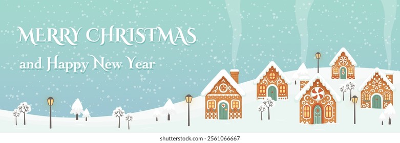 Christmas panorama background. New year greeting card template with gingerbread houses village, trees and streetlights on blue background with snowflakes. Winter landscape banner. Vector illustration.