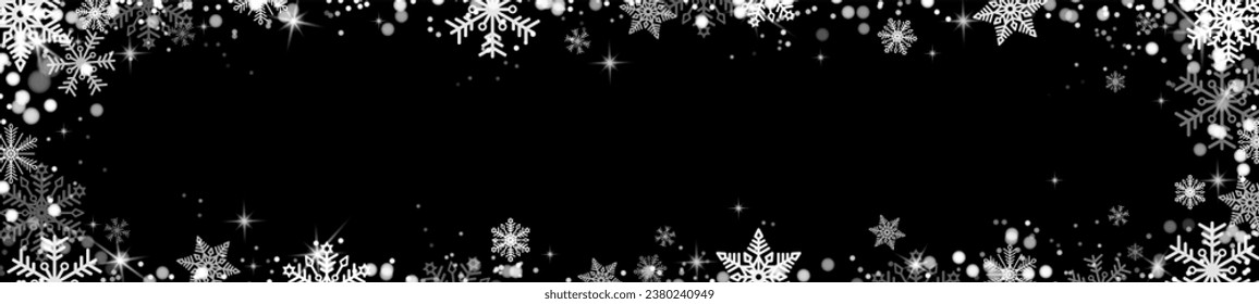 Fondo panorámico navideño de muchas capas de copos de nieve de diferentes formas, tamaños y transparencia. Nevada, copos de nieve sobre fondo negro. Ilustración vectorial.