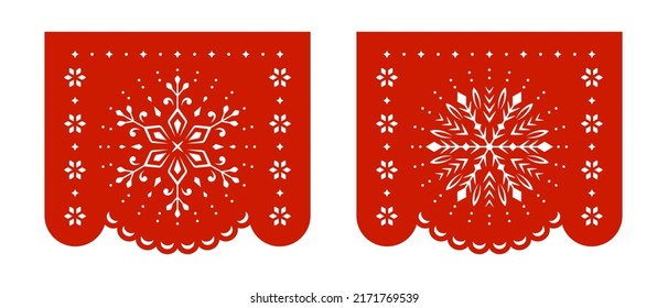 Christmas Papel Picado banners with snowflakes, Mexican festive decorations.