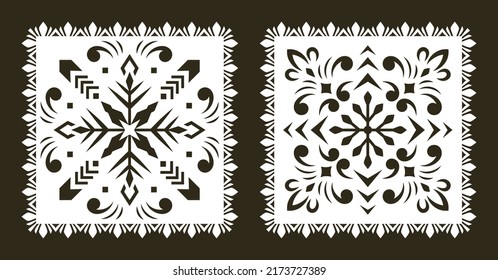 Christmas Papel Picado banners with snowflakes. Black and white Mexican festive decorations.