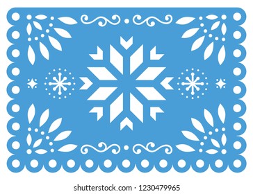 Christmas Papel Picado vector design with snowflake, Mexican winter paper decorations, blue and white 5x7 greeting card pattern. Festive Xmas party banner inspired by garlands in Mexico 