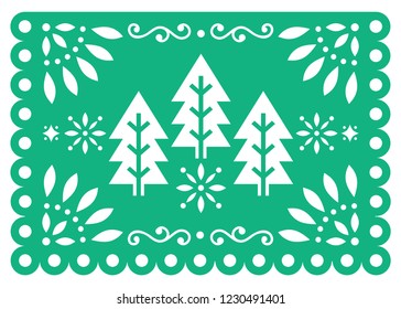 Christmas Papel Picado vector design with Xmas trees, Mexican winter paper party decorations, green and white 5x7 greeting card pattern.

Festive Xmas party banner inspired by garlands in Mexico 