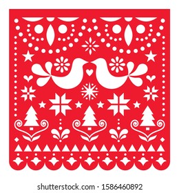 Christmas Papel Picado vector design, Mexican Xmas greeting card with Christmas trees, stars, snowflakes and flowers pattern. Festive red party banner inspired by paper cutouts garlands from Mexico