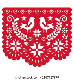 Christmas Papel Picado Vector Design With Snowflakes And Birds, Mexican Winter Paper Cutout Decoration In Red. Festive Xmas Party Banner Inspired By Garlands In Mexico, Traditional Decor 