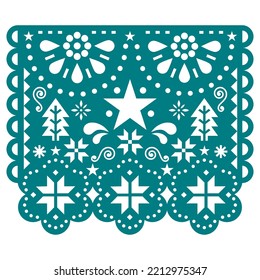 Christmas Papel Picado vector design with snowflakes, Xmas trees and stars, Mexican winter paper party garland decoration in green. Festive Xmas party banner inspired by garlands in Mexico 