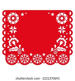 Christmas Papel Picado vector design with snowflakes and flowers amd empty space for greetings, Mexican red  festive winter paper cutout decoration. Traditional Xmas party banner 