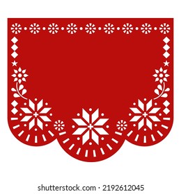 Diseño de plantilla vectorial de Papel de Navidad con copos de nieve y flores y espacio vacío para saludos, decoración de corte de papel de jardín de fiesta mexicano en rojo. Decoración festiva de México con Navidad 