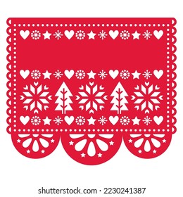 Christmas Papel Picado vector template design with snowflakes, Xmas trees and empty space for greetings text in red on white. Festive Xmas party banner inspired by garlands in Mexico 