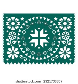 Christmas Papel Picado vector template design with snowflake, stars and flowers in green Mexican party garland paper cutout decoration on white background. 
Traditional decoration from Mexico 