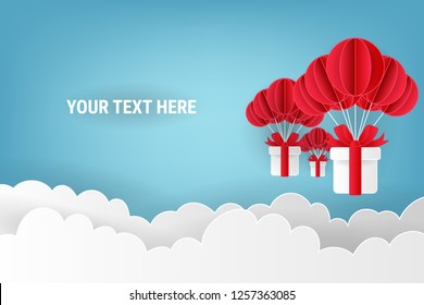 Christmas paper art of balloon white floating and Gift Box on in the air blue sky background,vector.