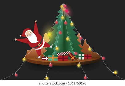 Christmas paper art concept, happy Santa claus on abstract background with light,gift,snow,star,Christmas tree, design for web banner, poster, Christmas invitation card and new year festival.