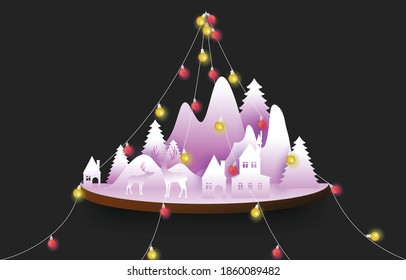 Christmas paper art concept, reindeer on abstract background with light, mountain, Christmas tree, design for web banner, poster, Christmas invitation card and new year festival.