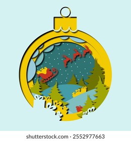 Christmas paper art. Paper cut layers of fir tree decoration with winter forest