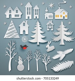 Christmas paper art elements set. Vector icon illustration. White paper cut layers. Winter with house, trees, hare, star, bulfinch, snowman and christmas tree. Holidays symbols for retro design