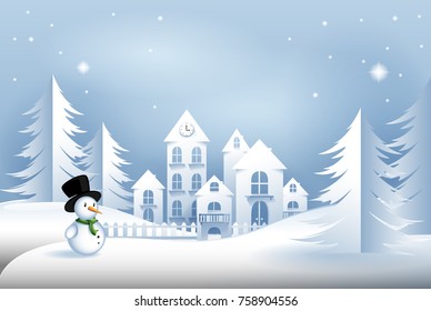 Christmas paper art isolated on blue background. Craft style city. Paper art style for web site, poster, placard and wallpaper. Useful for greeting card, email greetings and cover