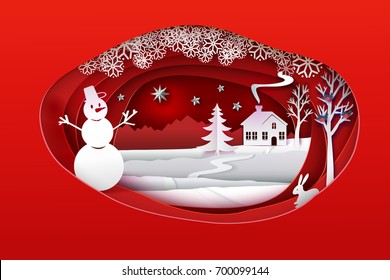Christmas paper art. Red tone vector illustration. Ellipse paper cut layers with winter forest. White snow nature with house, christmas tree, trees, hare, star, bulfinch's and snowman. Holidays banner