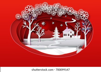 Christmas paper art. Red tone vector illustration. Ellipse paper cut layers with winter forest. White nature with house, trees, hare, stars, bulfinch's and christmas tree. Holidays banner