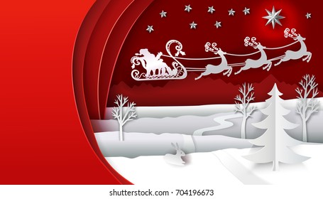 Christmas paper art with Santa Claus and his deers run on the sky. Red and white colors vector illustration. Paper cut layers. Place for text. Snow, hare, stars and christmas tree on winter background