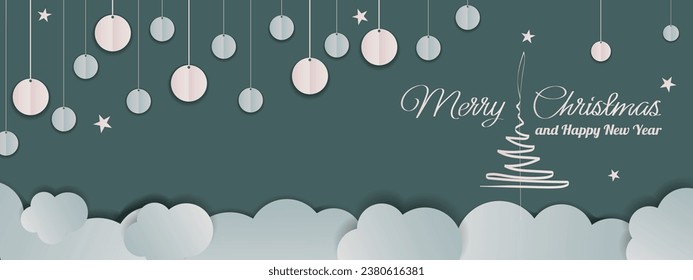 Fondo de papel de Navidad con papel bolas de Navidad, nubes y árbol de Navidad. Tonos fríos. Diseño de vectores. Estilo. Plantilla. Postal. Invitación. Cartel. Web. Tipografía.