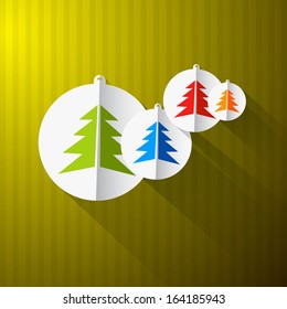Christmas Paper Background with Colorful Trees and Balls
