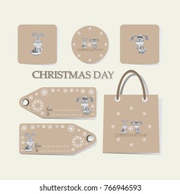 Christmas paper bag and tags with cute bunnies. Christmas paper bag. Vintage style. Cartoon characters.