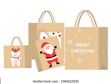 Christmas Paper Bags with Santa Claus, snowflakes and bear on white background vector illustration.