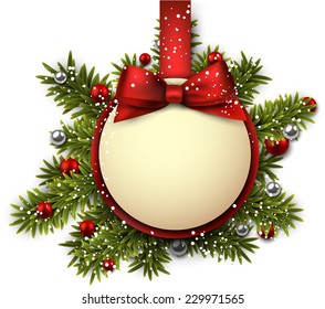 Christmas paper ball with red ribbon and satin bow. Vector illustration.  