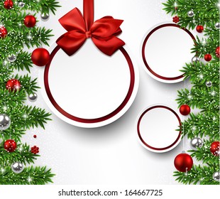 Christmas paper balls with fir twigs and red bubbles. Vector background. 