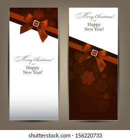 Christmas paper banners with brown bows. Vector eps10.