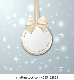 Christmas paper card with paper ball and realistic silver and golden bow. Winter background. Vector illustration.