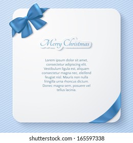 Christmas paper card with a blue bow. Abstract design. Vector illustration.