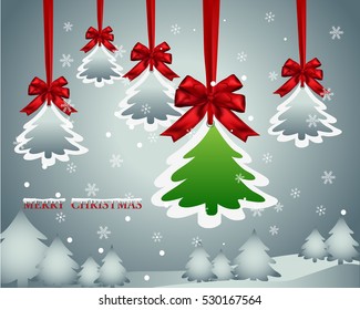 Christmas paper card with hanging red bow ribbon and tree, Snow falling. Winter background. Vector illustration.