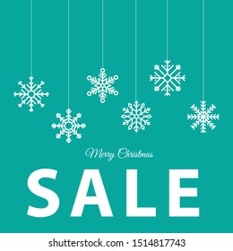 Christmas Paper Card With Hanging Snowflakes. Sale. Vector Flat Illustration.