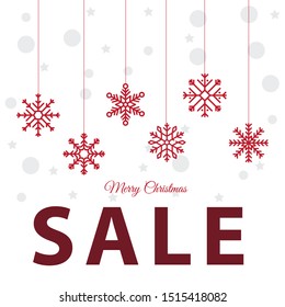 Christmas Paper Card With Hanging Snowflakes. Sale. Vector Flat Illustration.