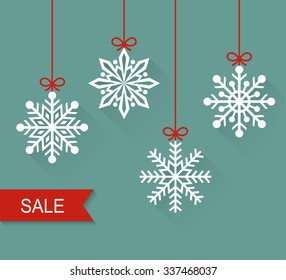 Christmas Paper Card With Hanging Snowflakes. Sale. Vector Flat Illustration.