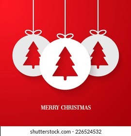 Christmas paper card with hanging toy. Vector illustration.