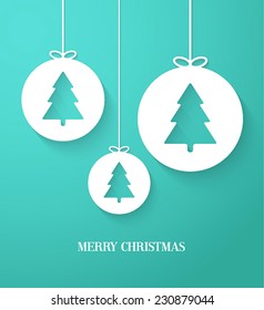 Christmas paper card with hanging toy. Vector illustration.