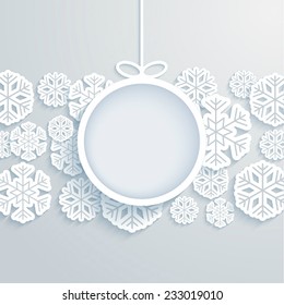 Christmas paper card with hanging toy and snowflakes. Vector illustration.