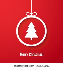 Christmas paper card with hanging toy. Vector illustration.