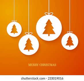 Christmas paper card with hanging toy. Vector illustration.