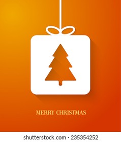 Christmas paper card with hanging toy. Vector illustration.