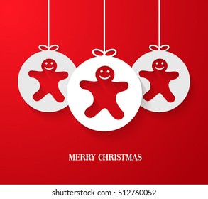 Christmas paper card with hanging toy. Vector illustration.