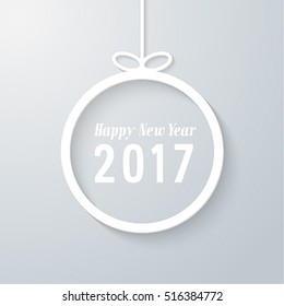 Christmas paper card with hanging toy. Vector illustration.