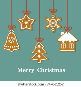 Christmas paper card with hanging gingerbread cookie.  Vector flat illustration.