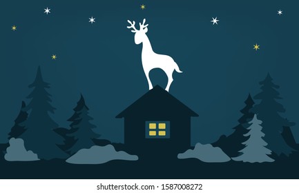Christmas paper card with a white deer standing on the roof of a house at Christmas in the winter forest at night