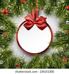 Christmas paper card. Winter background with spruce twigs and red baubles. Eps10. 