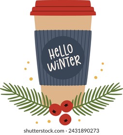 Christmas Paper Coffee Cup With Leaves Vector Illustration